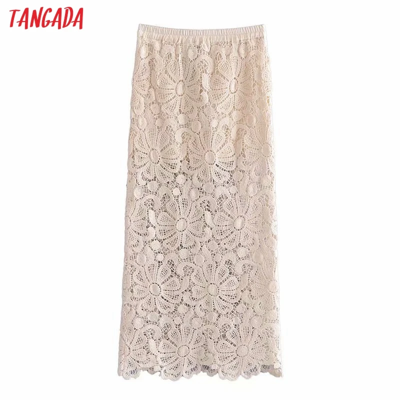 

Tangada Women Tassel Cotton Lace Emboridery Midi Skirt Faldas Mujer Vintage Ladies Strethy Waist Chic Mid Calf Skirts 3H524