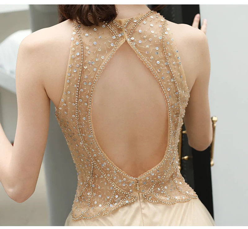 

SSYFashion New Luxury Champagne Evening Dress Sexy Slim Halter Sequins Beading Long Backless Prom Formal Gown Vestido De Noche