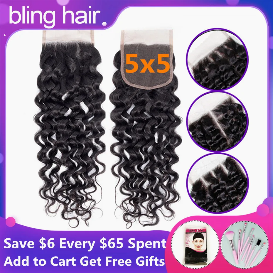 Bling Hair вода волна 5x5 швейцарская кружевная застежка с детскими волосами бразильские Remy человеческие волосы закрытие часть натуральный цвет 8-22 дюймов