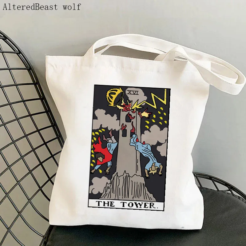 

Women Shopper bag The Tower Tarot Card Printed Bag Harajuku Shopping Canvas Shopper Bag girl handbag Tote Shoulder Lady Bag