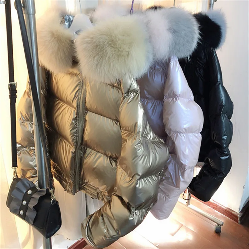 

Fashion Winter Thick Women Cotton Down Jacket Hooded Big Fur Collar Two-sided Short Warm Coat Female Oversize Loose Parkas Mujer