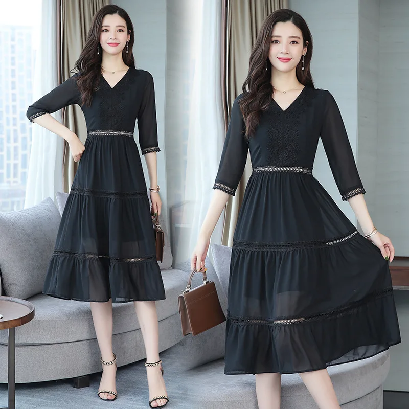 

2019 New Arrival Women Chiffon Dress Female Summer Half Sleeve V-Neck Dresses Splice Loose Dresses Long plus Size Vestidos Mujer