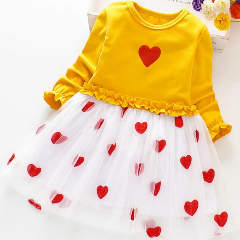 Kids Girl Dress 2019 New 1-8 Years Baby Girls Heart Print Long Sleeve Sweet Cotton Comfortable Toddler Mesh Dresses | Детская одежда и