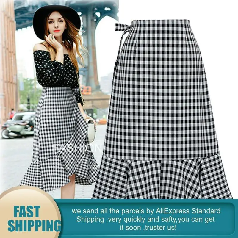 Летняя 2020 клетчатая юбка с высокой талией Женская русалки асимметричная размера