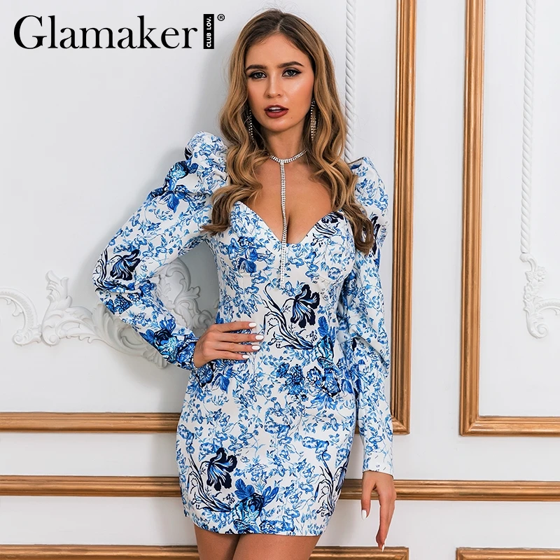 Glamaker/Короткие вечерние платья с цветочным принтом, женское элегантное платье с квадратным вырезом и пышными рукавами, Осеннее облегающее Клубное женское мини-платье
