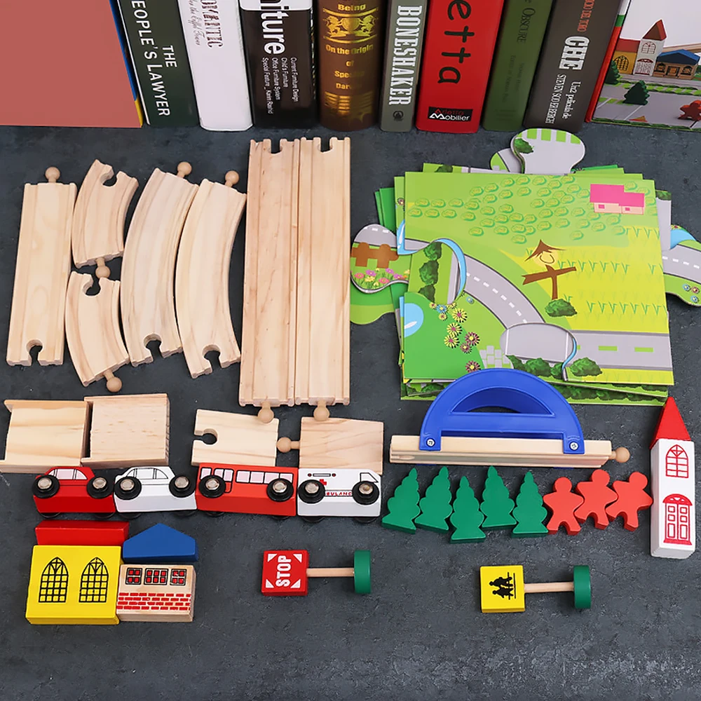 

Wooden Kid Disassembly Train Creative Combination Rail Overpass Traffic Scene City Mix Building Block Stack Educational Toy Gift