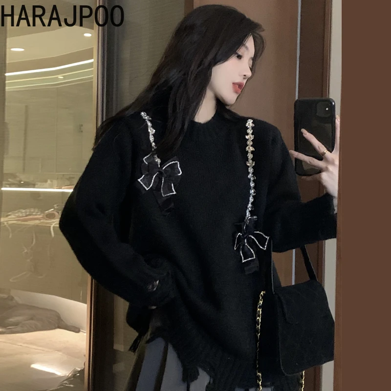 Пуловер Harajpoo женский с черным бантом вязаный Осень-зима 2021 новинка