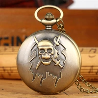 pirate skull bone design quartz pocket watch with necklace chain steampunk pendant clock for men women