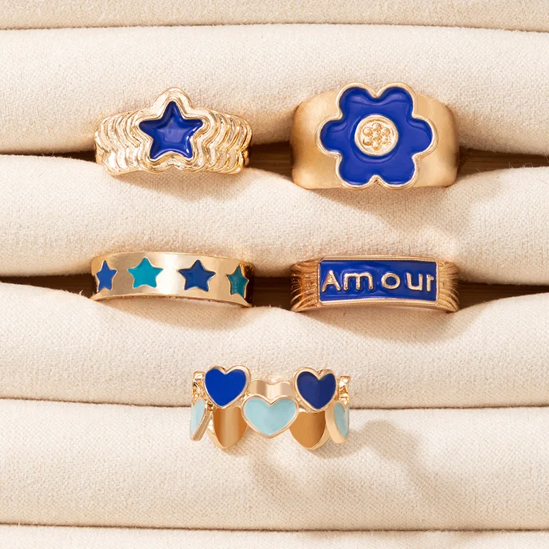 

GREEN Jewelry Vintage Chunky Rings Set 5PCS for Girls Flowers Star Macaron Accessories Punk Trendy Christmas Boho Free Shipping
