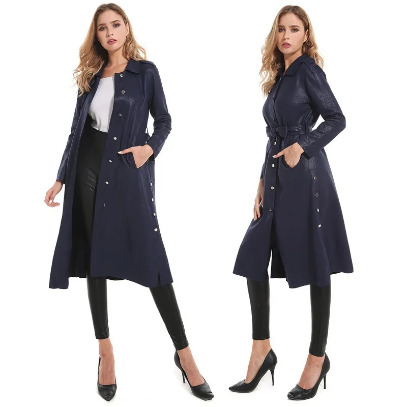 

2021 Autumn and Winter European and American Temperament Solid Color Leather Jacket Jacket Women's Windbreaker Long