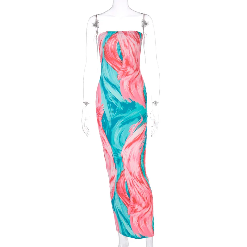 

Women Sexy Club Summer Autumn Bodycon Dress Colorful Long Sleeveless Strapless Dress Skinny Slim Print Ankle-Length Dresses Robe