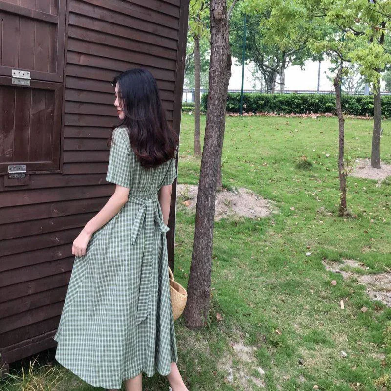 

Elegant Summer A-Line Dresses Lady Casual Short Sleeve V-Neck Plaid Printed Mid-calf A-Line Dress Vestidos SS177