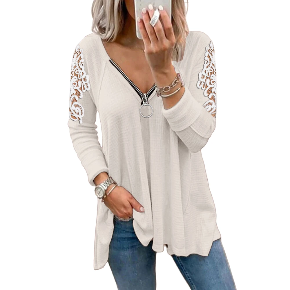 

Fashion Women Solid Lace Long Sleeve T-Shirt Tunic Tops Casual Zip V-Neck Loose Blouse Tee Shirt Irregular Hem Pullover Clothes