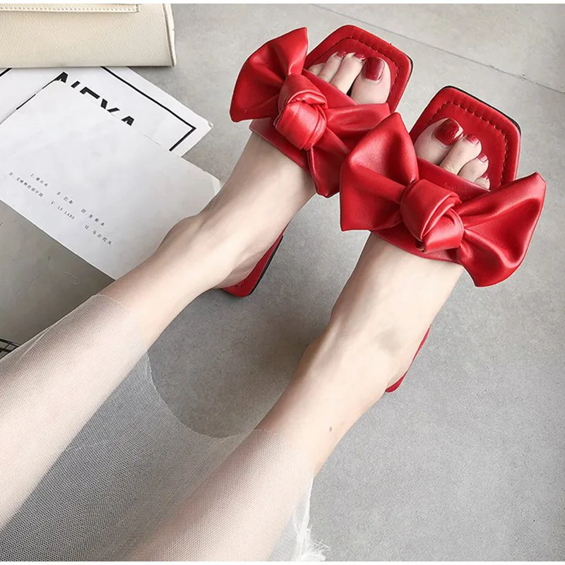 

Dropshipping Woman Open Toe Slippers Ladies Flock Butterfly Knot Sewing Flat Shoes Woman Comfortable Casual Fashion Slippers