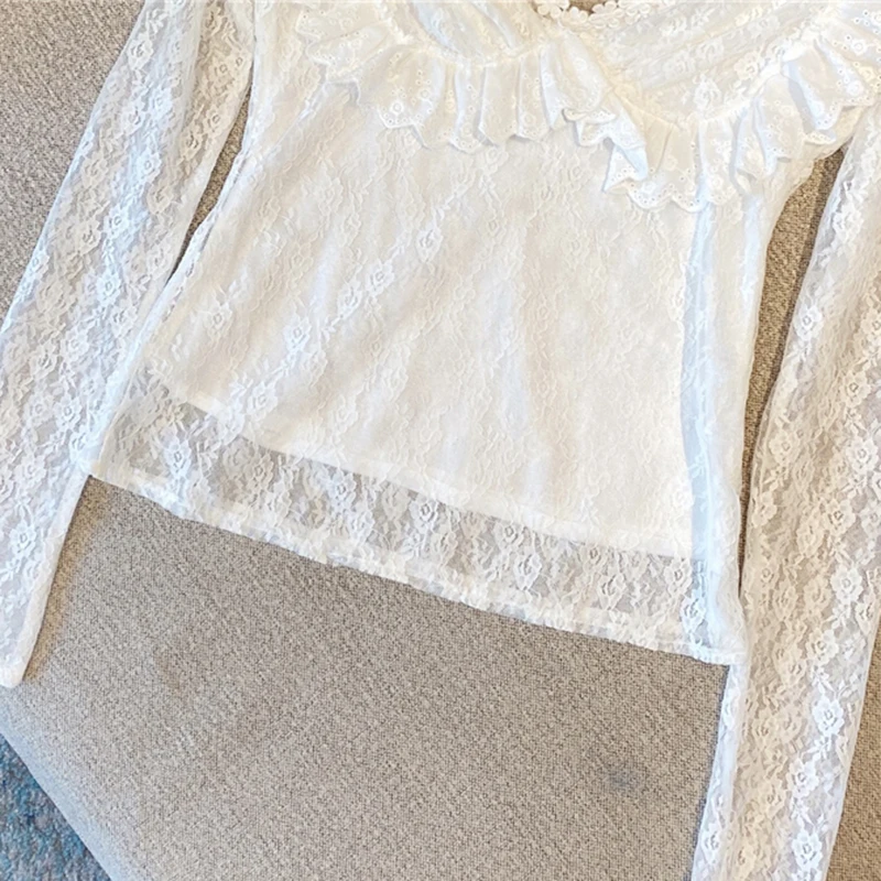 

STREET Newest HIGH 2021 Fall Winter Designer Women's V-Neck Lace Long Sleeve Lace Blouse Top