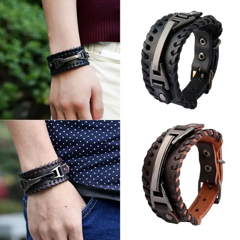 Винтажный панк кожаный браслет 2 цвета черный и коричневый модный застежка