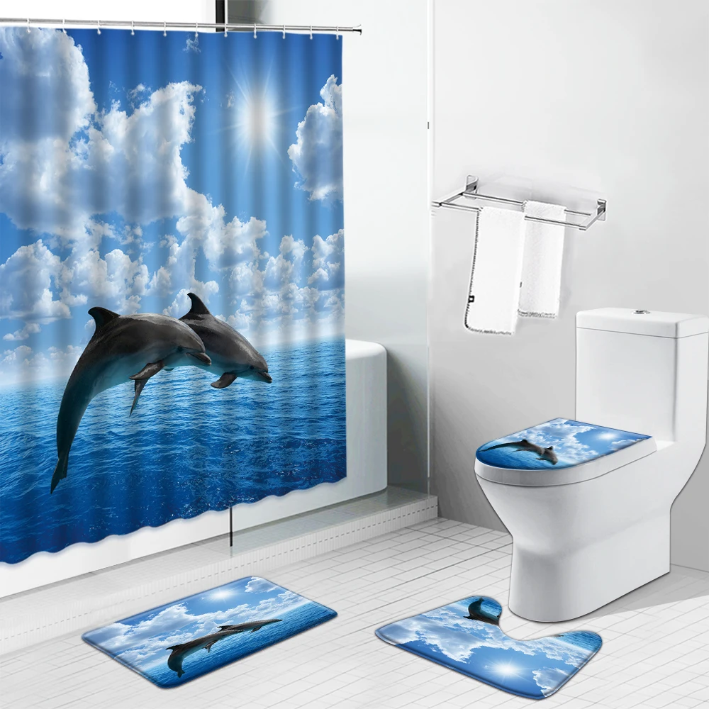 

Ocean Animal Underwater World Dolphin Shower Curtains Set Tropical Fish Sea Turtle Octopus Toilet Cover Bath Mat Bathroom Decor