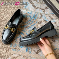 annymoli real leather loafers shoes women platform med heels thick heel pumps metal decoration round toe footwear female black