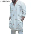 Мужская длинная рубашка INCERUN, с винтажным принтом, с длинным рукавом, воротником-стойкой, индийская рубашка, Мужская одежда, повседневные пуловеры в стиле ретро, 2021