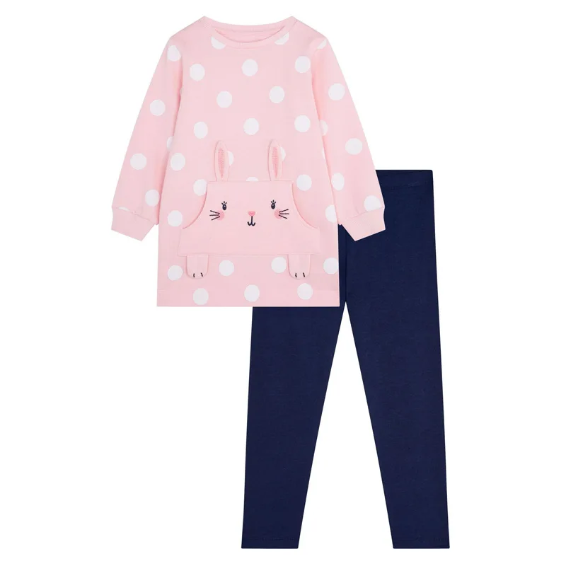 

Little maven Toddler Girls Pink Clothing Sets with Pocket Rabbit Autumn Long Sleeves Navy Blue Trousers Point Pants Set 2-7years