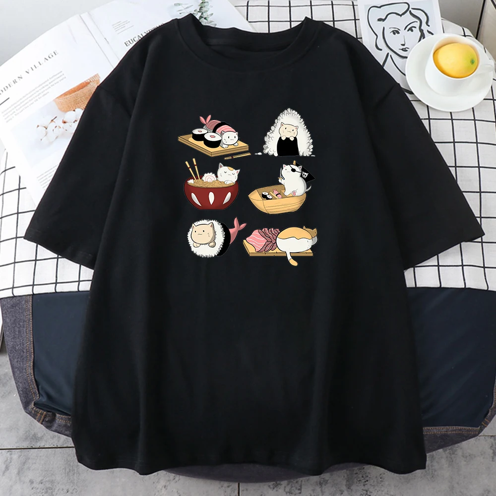 Cute Cartoons Sushi Cat T Shirts Girls 2021 Summer Soft Casual T-Shirt Korean Style New Base Tees Ins Fashion Women's Tshirts | Женская