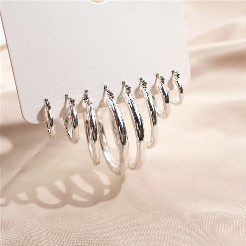 

Silver Color Small Big Hoops Mixed Circle Loop Earring for Women Female Daily Party Punk Trendy Hoop Earring Set 4PRS