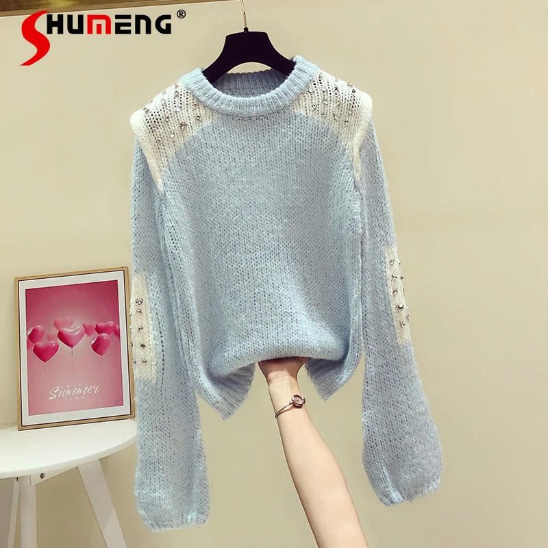 

2021 Autumn and Winter New Female Fashion Embroidery Sequins O-neck Knitted Top Women Elegant Contrast Color Puff Sleeve Sweater