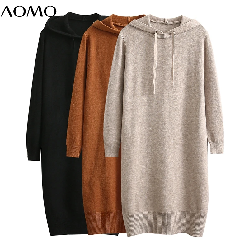 

Модное женское однотонное элегантное платье-свитер AOMO с капюшоном, свободное женское теплое мини-платье с длинным рукавом и круглым вырезо...