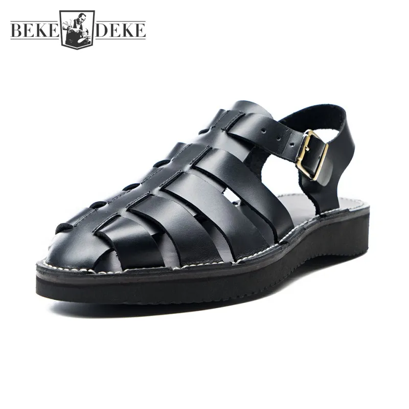 

Summer Mens Gladiator Sandals Handmade Weave Hollow Out Genuine Leather Roman Sandals Vintage Casual Buckle Strap Beach Shoes