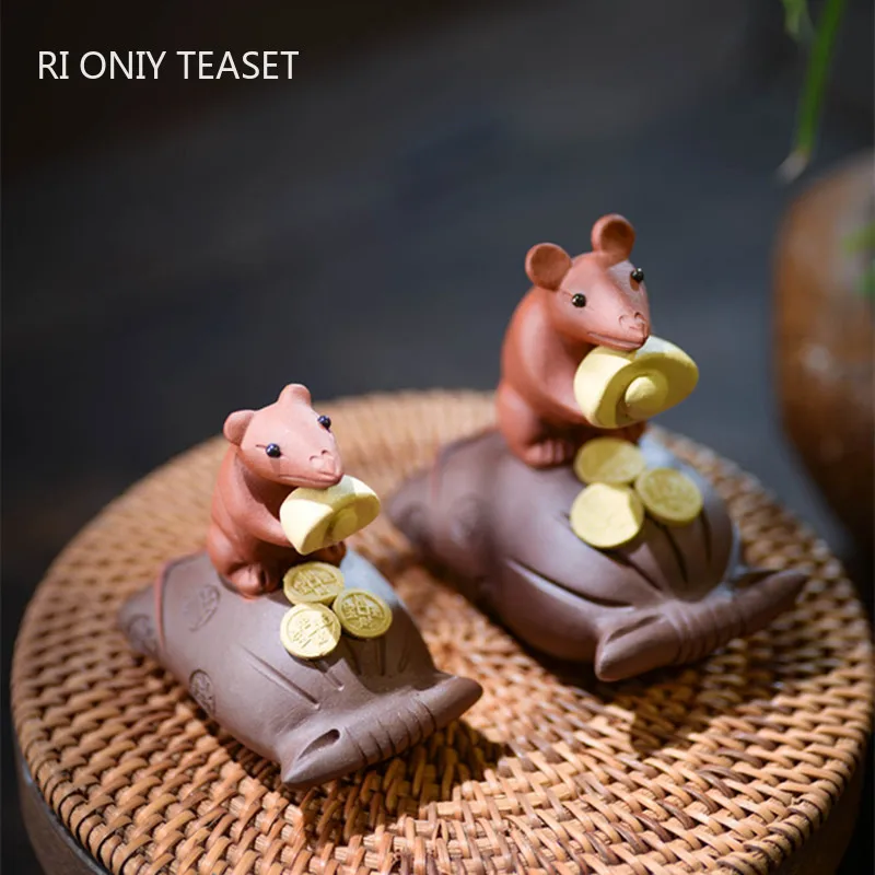 

Yixing Purple Clay Tea Pet Lucky Ingot Mouse Statue Ornaments Handmade Sculpture Tea Figurine Chinese Tea Set Decoration Art
