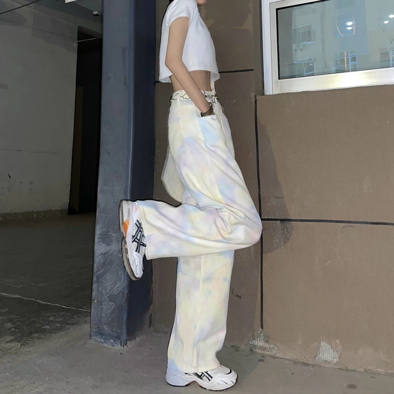 

SHENGPALAE Streetwear Tie Dye Jeans Women's Summer 2021 New High Waist Loose Straight Harajuku Denim Pants Female Tide 5E790
