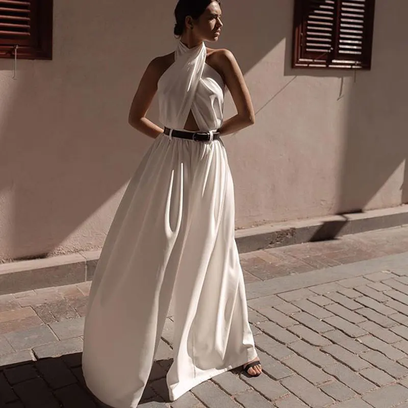 

2021 Women's Solid Color Loose Jumpsuit Sexy Sleeveless Halter Halter Jumpsuit Trousers Rompers Womens Elegant Plus Size