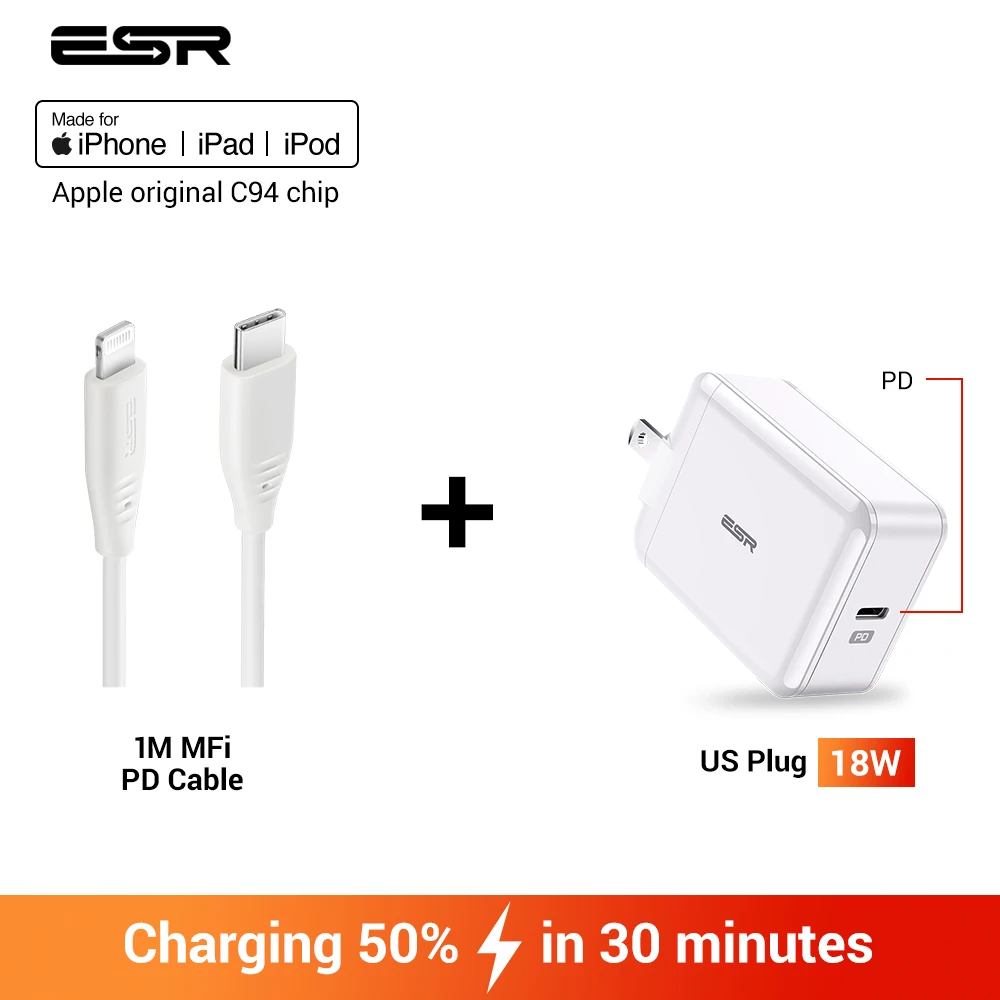 US Plug and 1M Cable ESR USB C быстрое зарядное устройство 18 Вт с настенной вилкой для путешествий быстрое зарядное устройство type C type-c PD для iPhone 11 X XR XS Max iPad Pro EU US UK - Тип штекера: US Plug and 1M Cable