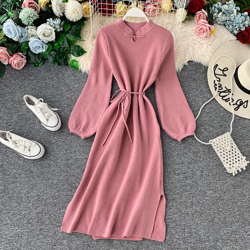 JoinYouth винтажное зимнее платье в китайском стиле однотонное стоячий воротник