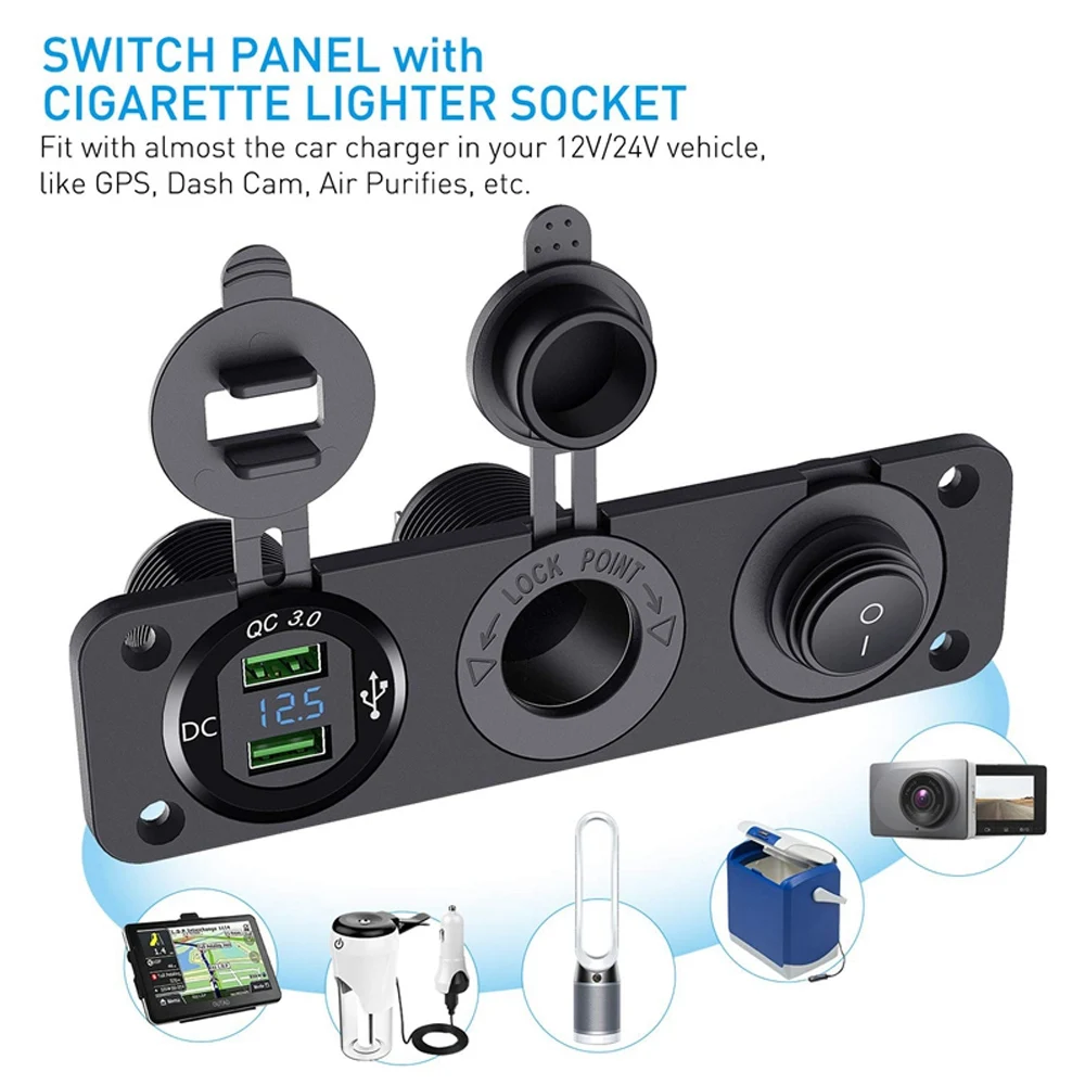 

Car Cigarette Lighter Digital Voltmeter Dual Qc3.0 USB Power Charger 250W 12V Socket Dustproof Waterproof With Rocker Switch