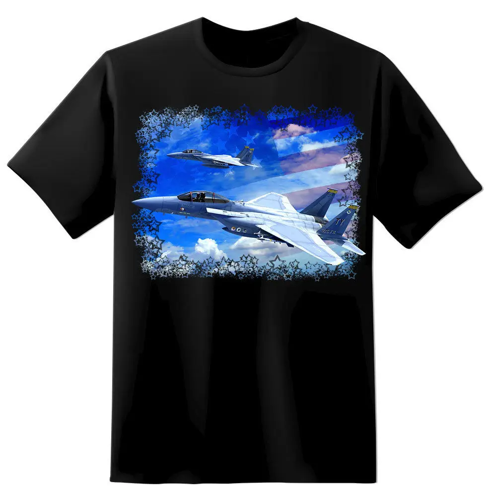 

Крутым дизайном ВВС США истребитель F-15 в облаках футболка. Летняя хлопковая Футболка короткий рукав с круглым вырезом Мужская футболка нов...