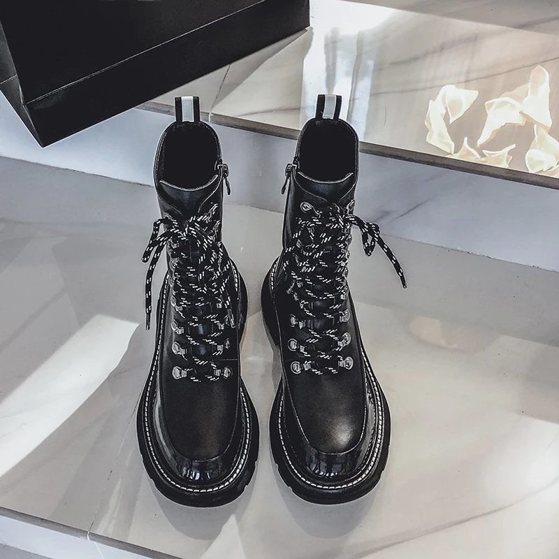 Online MoonMeek 2020 Merek Baru Fashion Sepatu Bot Kulit Asli Yang Nyaman Sepatu Sederhana Renda Warna Campuran Musim Dingin Untuk Wanita