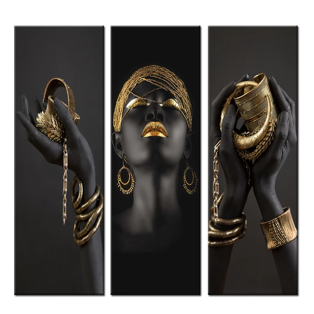 Африканская женщина искусство фотообои черные руки золотые украшения холст