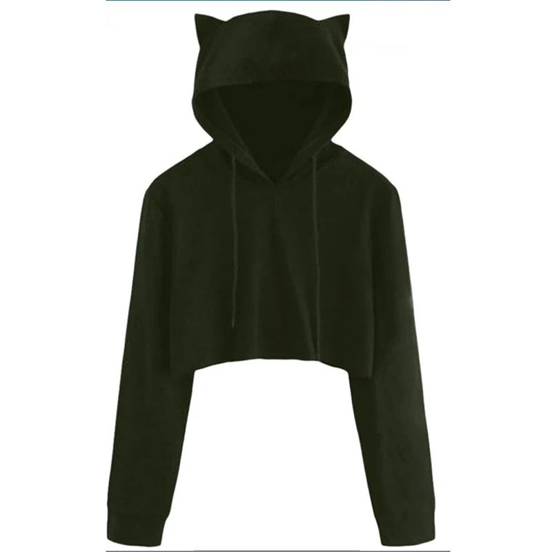 

New Cute Womens Sweatshirts Hoodie Crop Tops Solid Colors Hot Sale Cat Ear Long Sleeve Cropped Sweatshirt Hooded Pullovers Hoody