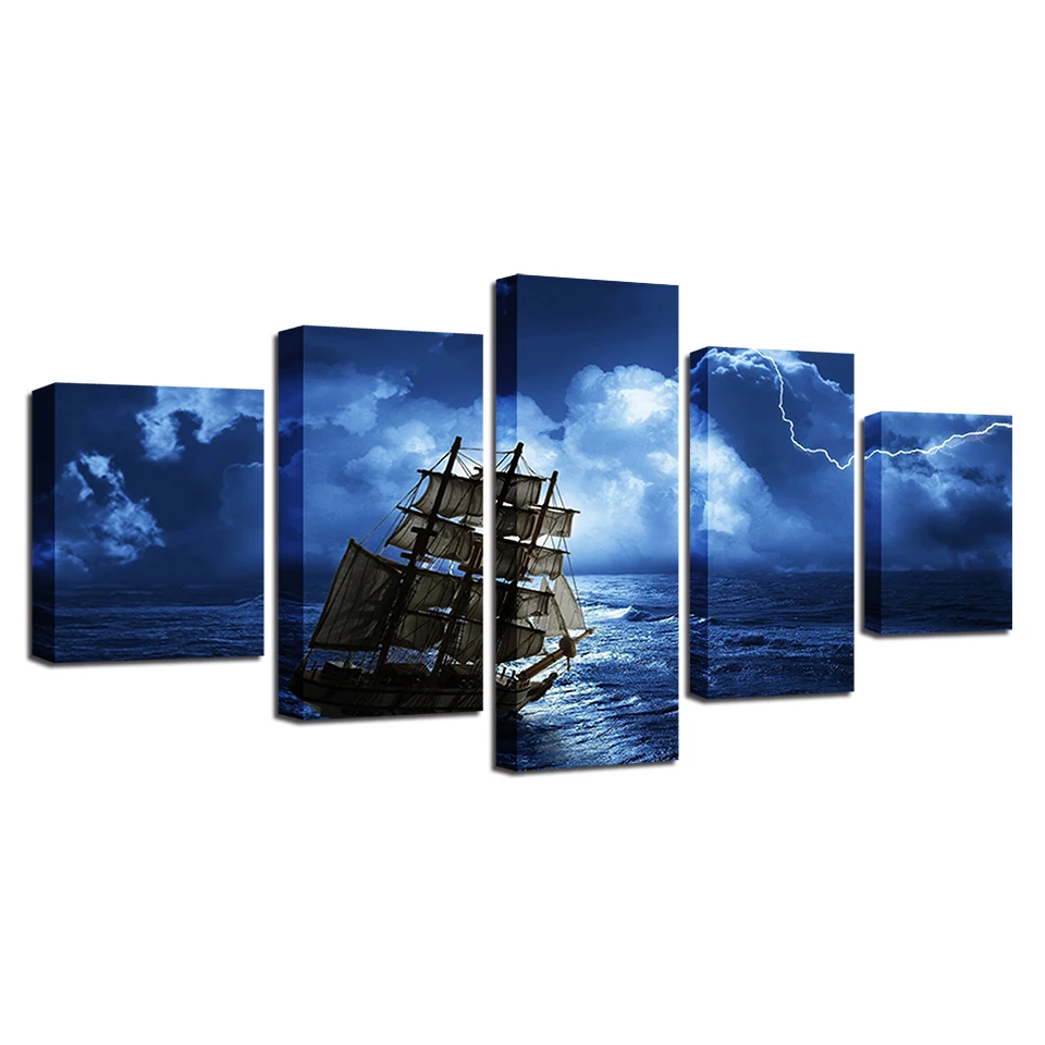 

Canvas HD Prints Painting Home room Decor 5 Pieces Pirate Ship Sailing Into Storm Poster Modular Wall Art Seascape Framework