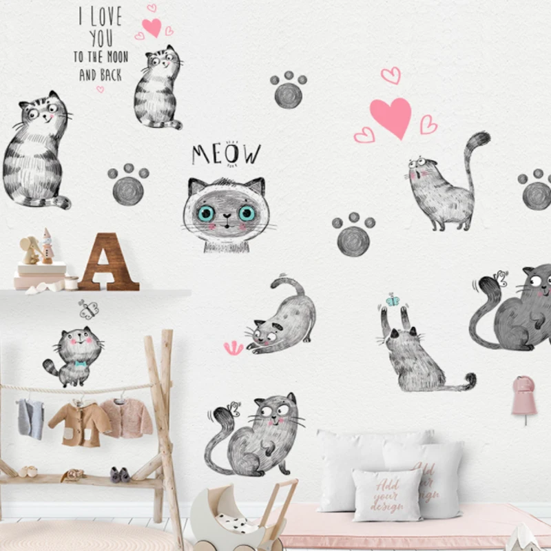 

New Style black hand-painted cute cat wall stickers living room bedroom children room decoration stickers