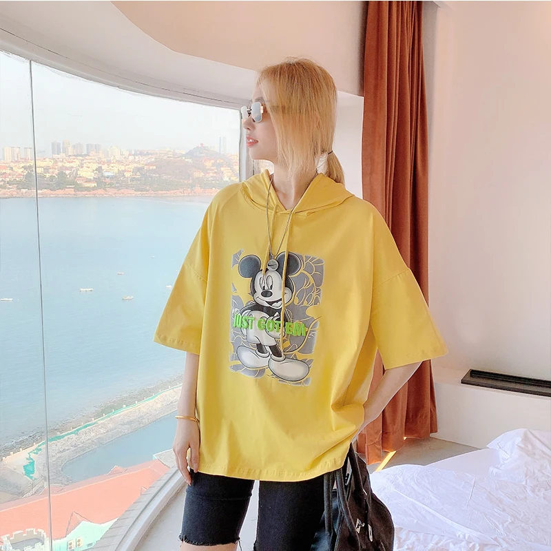 

Disney Classic Mickey Pattern Hoodies T-shirt Clothes Women Summer Harajuku Short Sleeve Femme Hooded Sweatshirts Black Crop Top
