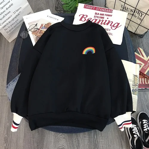 Xian 850 hei Harajuku Радуга вышивка флисовые толстовки для женщин Корейский Kawaii кофты Усаги 90s Эстетическая негабаритных толстовка для девочек уличная одежда - Цвет: Xian 850 hei