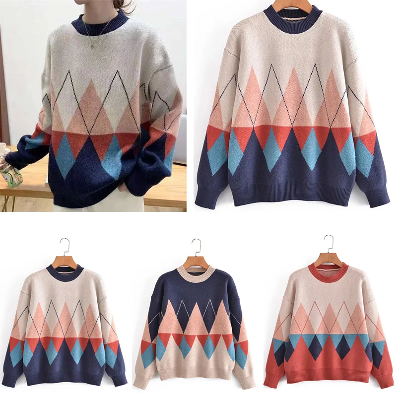 

Za Print Knitting Woman's Sweater Winter Fashion O-neck Long Sleeve Thick Jacquard Diamond Pullover Sweater Vintage Warm Sweater