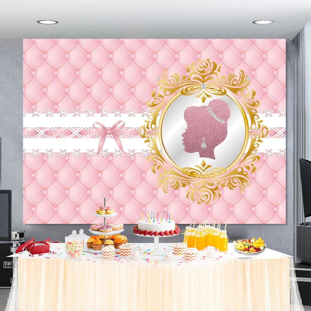 

Princess Birthday Backdrop Pink Headboard Bow Tie Newborn Baby Shower Birthday Party Girl Customized Photography Background