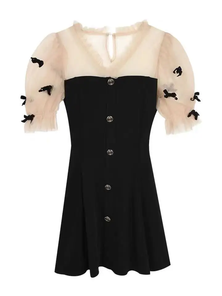 

Houthion New Loose Women's Dress Casual Fashion Bow Net Yarn Short Sleeve V-neck Splicing Dresses Summer