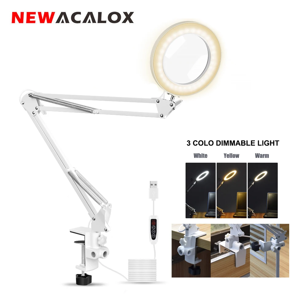 

NEWACALOX USB 5X Magnifying Glass with LED Lights Folding Illuminated Magnifier Soldering Third Hand Tool 3 Colors Desk Lamp