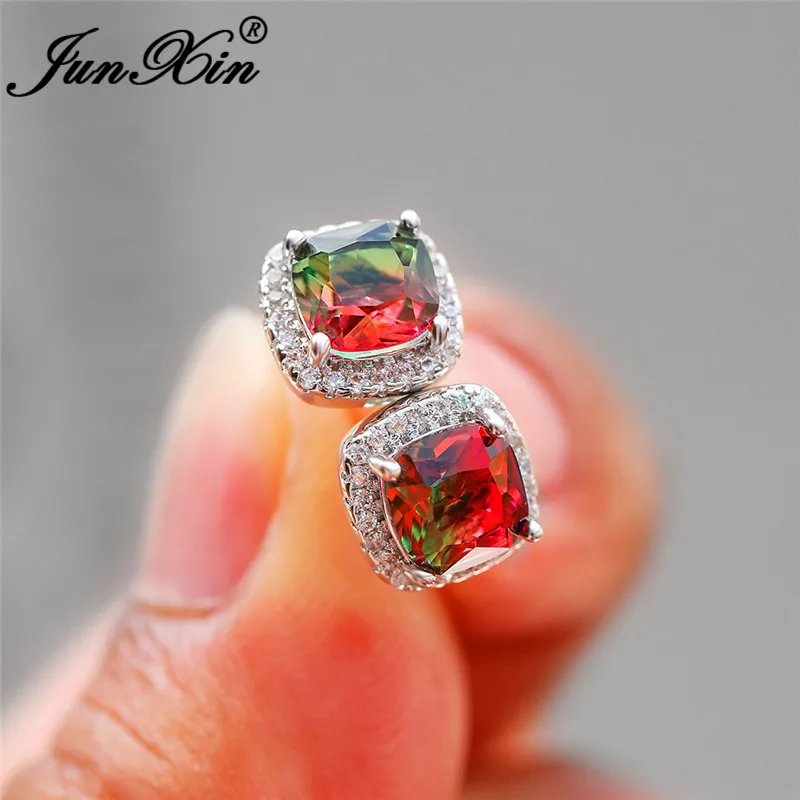 Женские квадратные серьги Мистик Радуга огненный кристалл принцесса белые