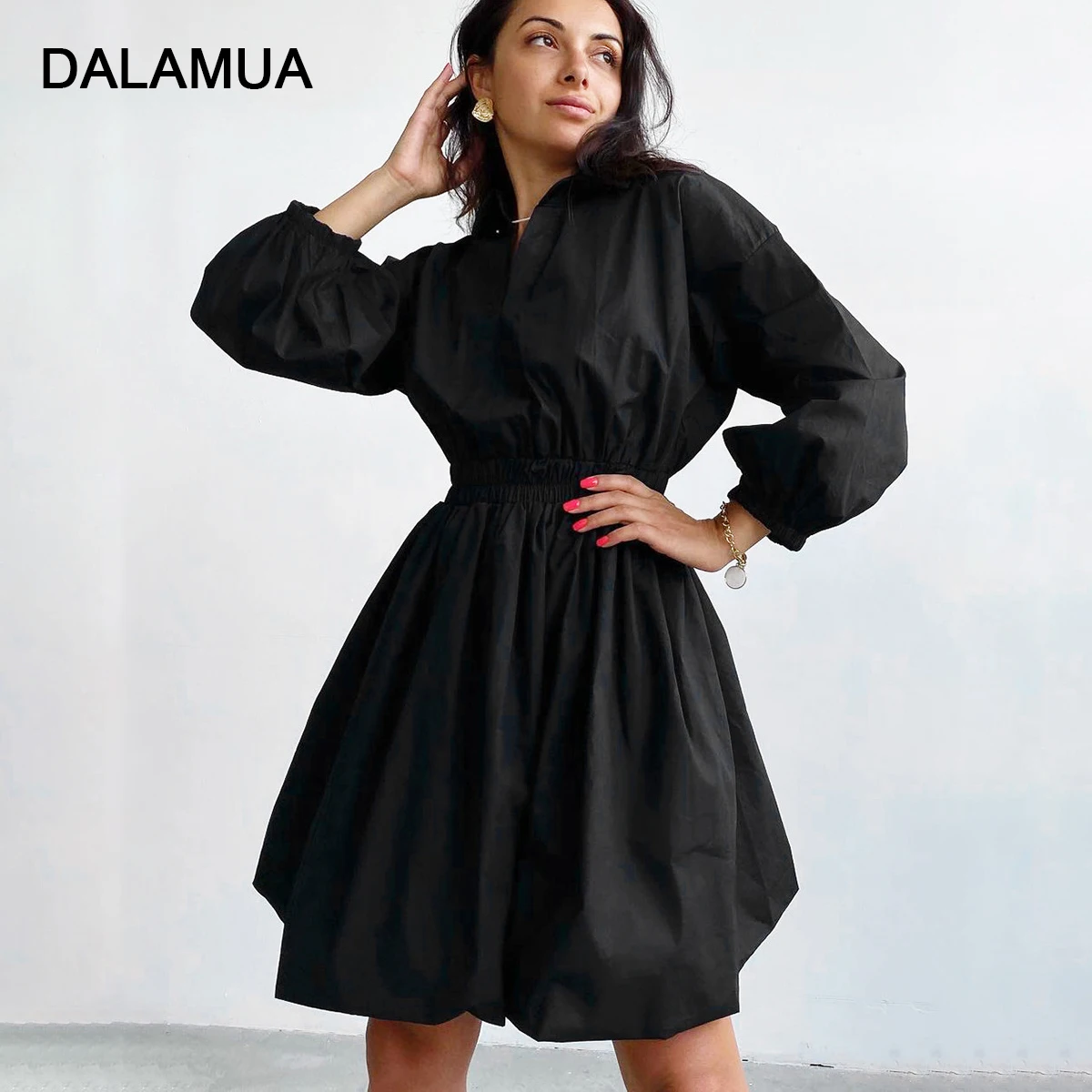 

Women Dress 2021 Autumn Office Lady Robe Elegant HIgh Waist Puff Long Sleeves Solid Color French New Fashion Female Mini Dresses