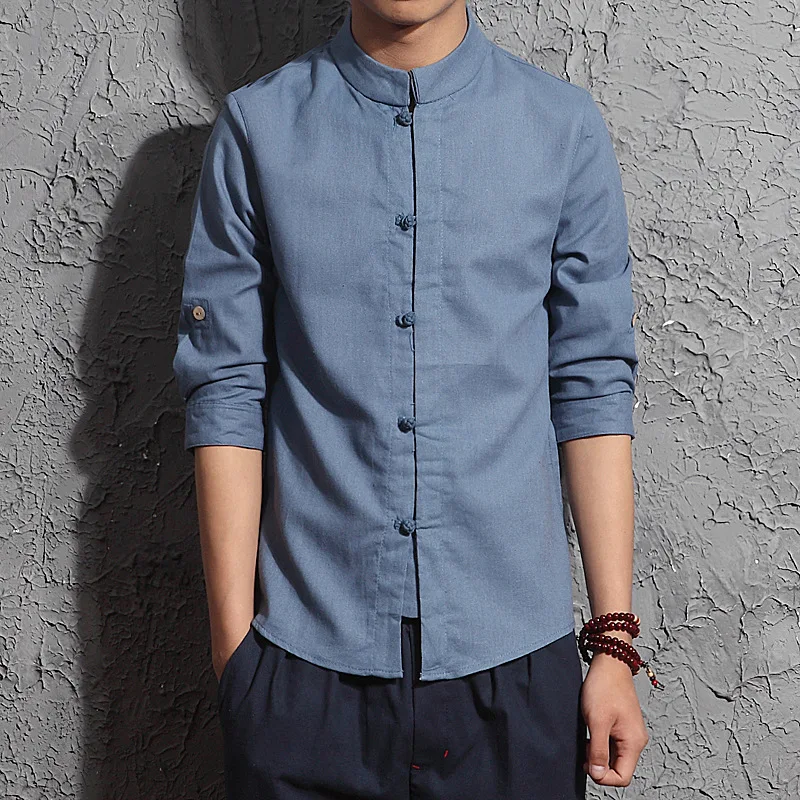

Chinese Style Linen Half-sleeved Shirt Men's Three-quarter Sleeve Spring Summer Slim Style Cotton Linen Men's Large Size Shirt